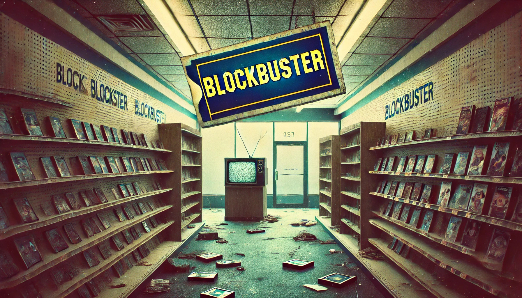 Una nostálgica tienda de Blockbuster con un letrero de Blockbuster desvaneciéndose, pasillos vacíos y estanterías polvorientas. Quedan algunos DVDs y cintas VHS esparcidos.