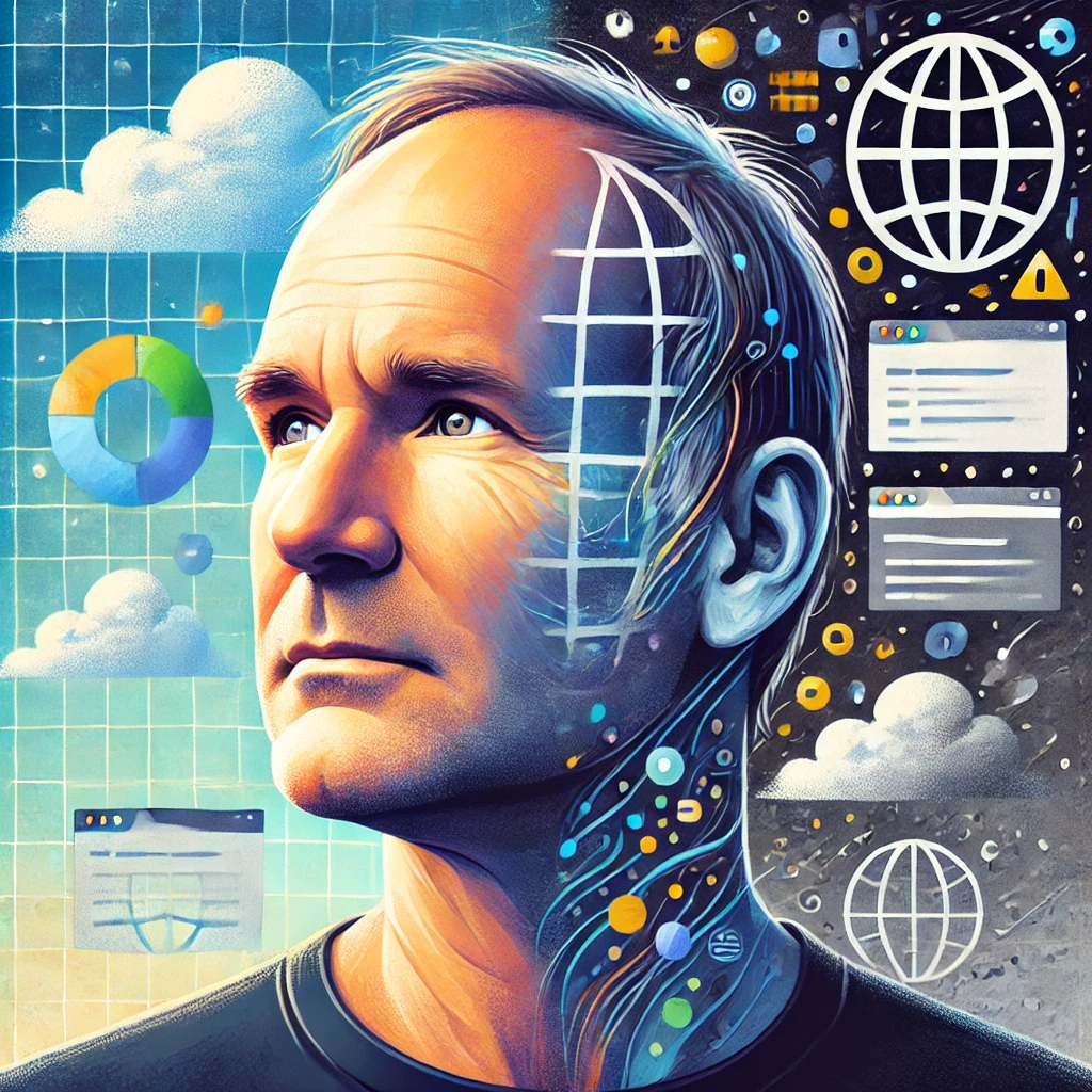 Una ilustración reflexiva de Tim Berners-Lee, combinando su retrato con elementos digitales que representan internet